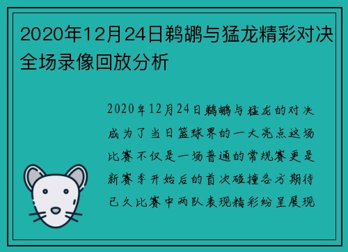 2020年12月24日鹈鹕与猛龙精彩对决全场录像回放分析