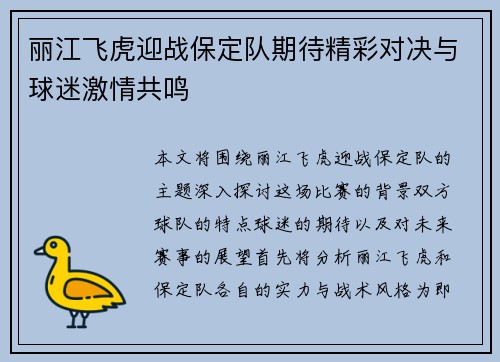 丽江飞虎迎战保定队期待精彩对决与球迷激情共鸣